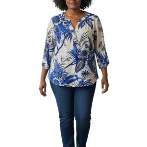 Tahari Blue and Cream Floral Paisley Blouse Plus‎ Size 2X New